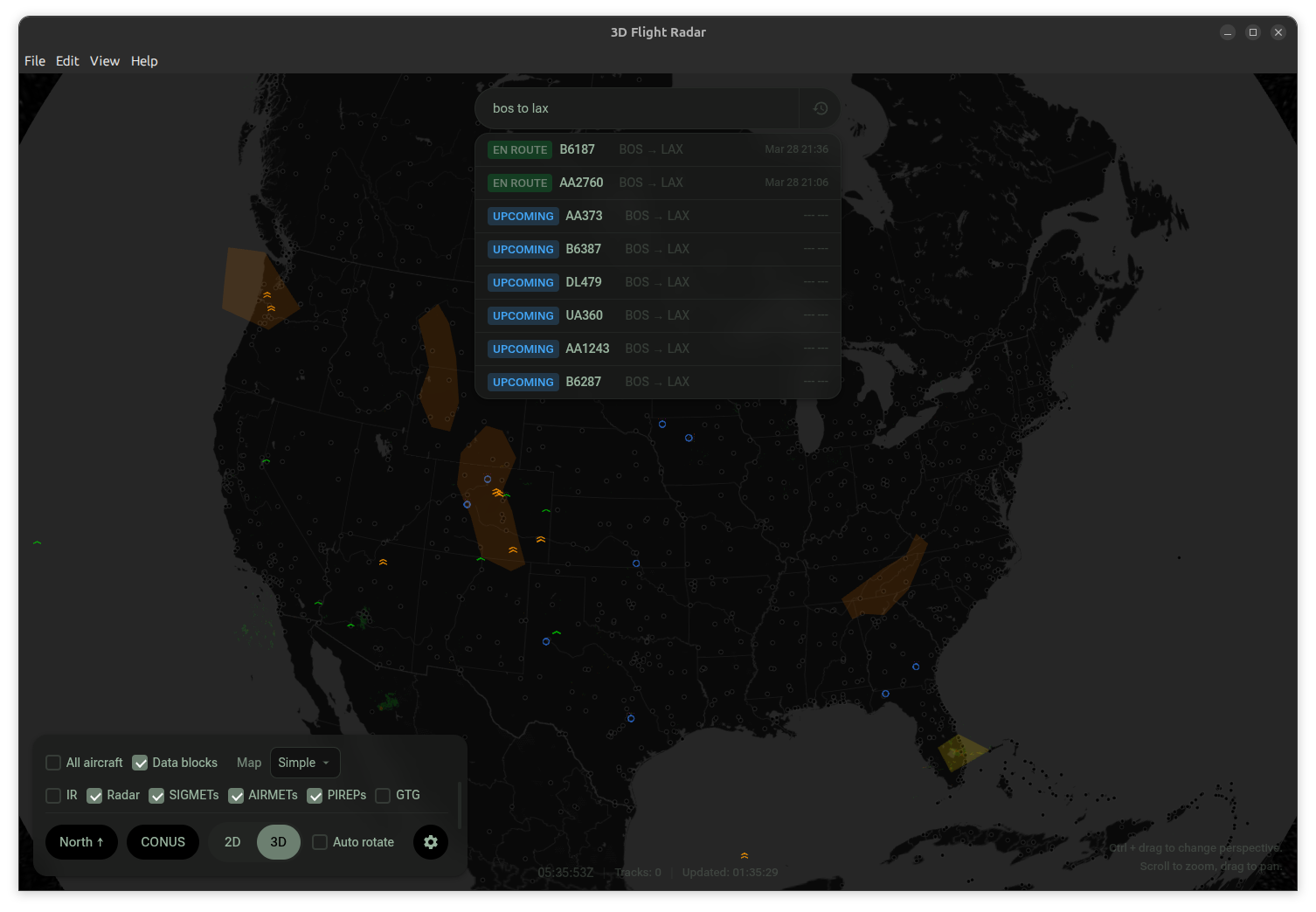Natural language flight search results shown over the radar view