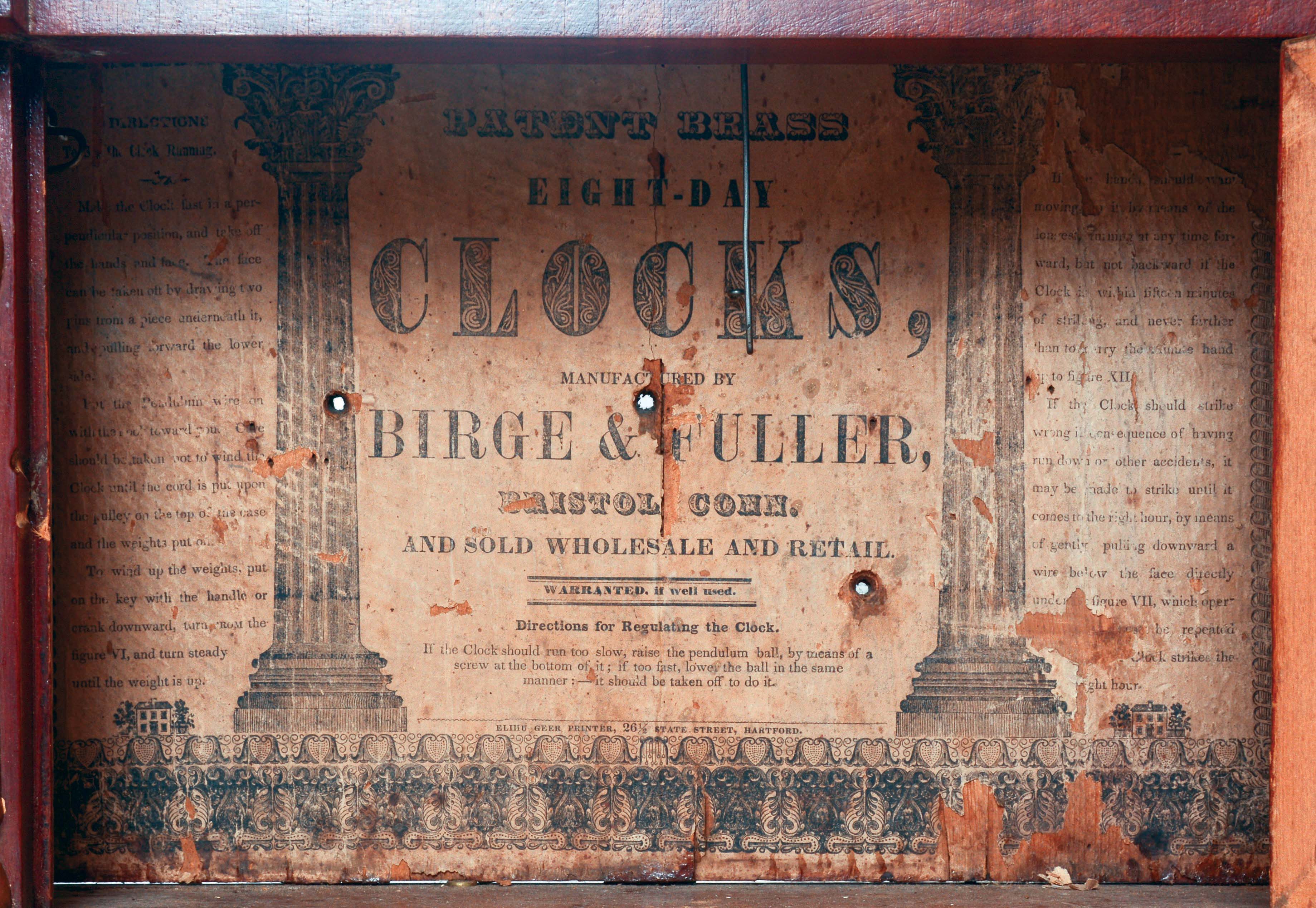 Original paper label inside a Birge and Fuller clock case: Patent Brass Eight-Day Clocks, Manufactured by Birge and Fuller, Bristol, Conn.