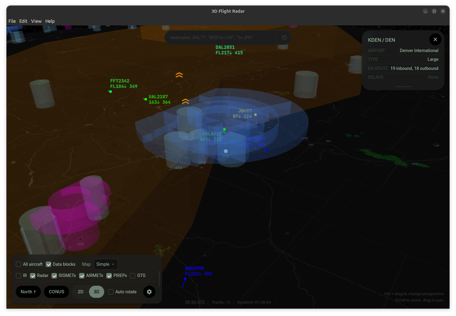 Weather overlays with turbulence AIRMET volumes displayed on the 3D globe
